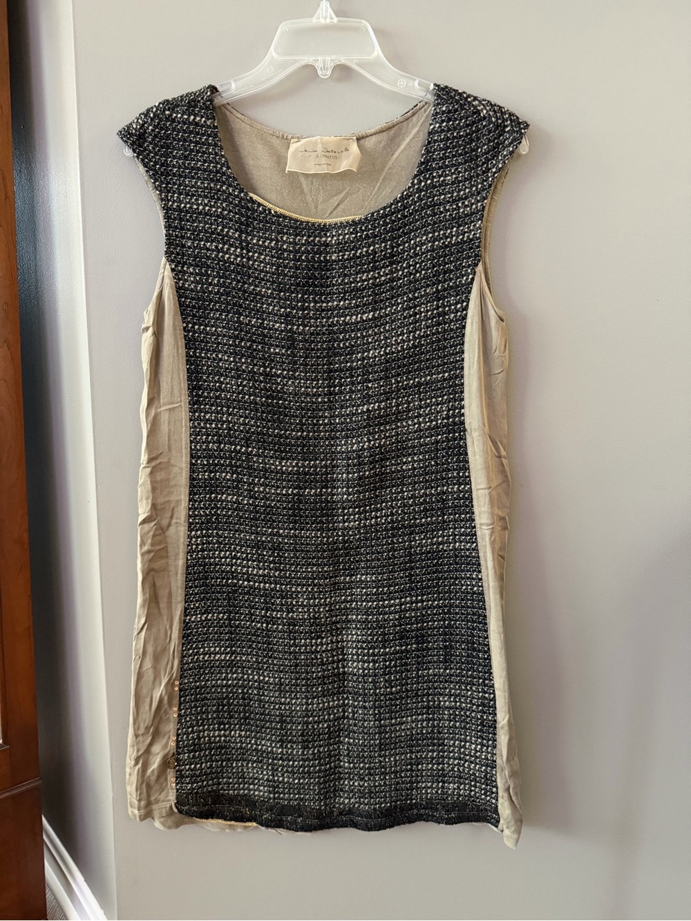 Elisa Cavaletti Black Tan Italian Tweed Shift Dress Gold Detail. Medium